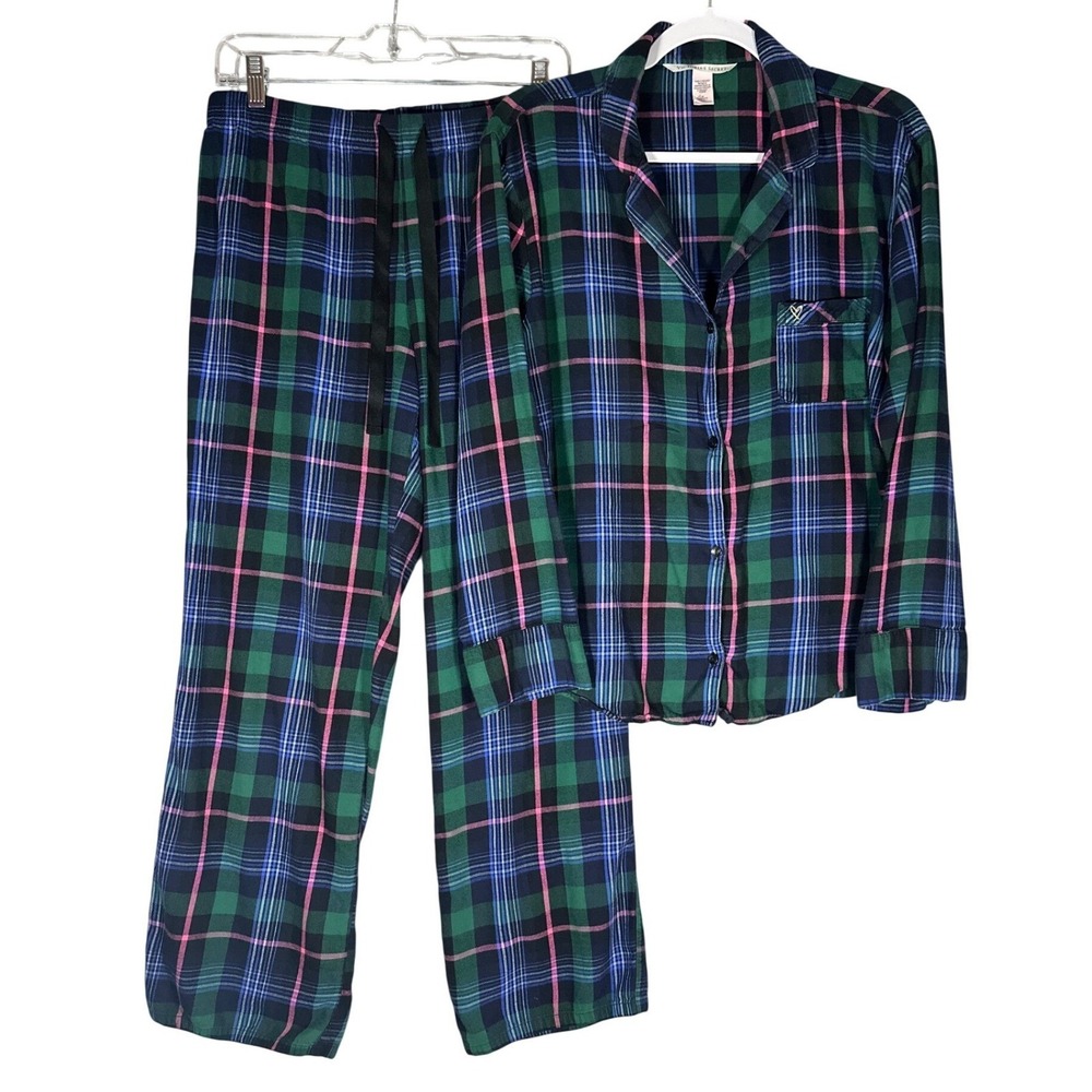 Victorias Secret Plaid Pajama Set Sz M Cotton Modal Pants&Shirt Lounge Sleepwear